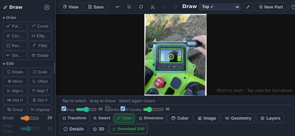 The LensCAD editor on a phone held sideways: the Draw panel docked on the left and the traced part on the right