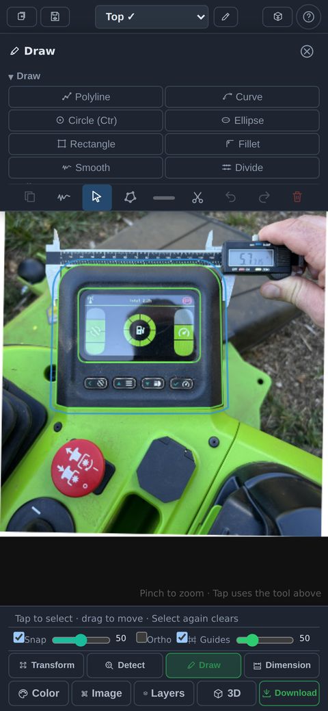 The LensCAD editor on a phone held upright: the Draw panel open at the top with its tool row, the traced mower control housing below, and the bottom toolbar