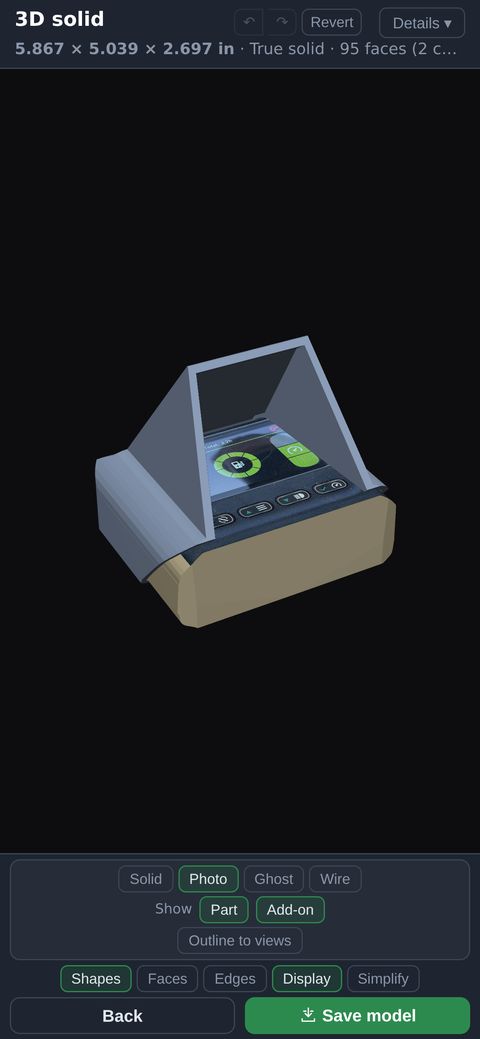 The same part as a 3D model on a phone held upright, with the Display panel open under the model