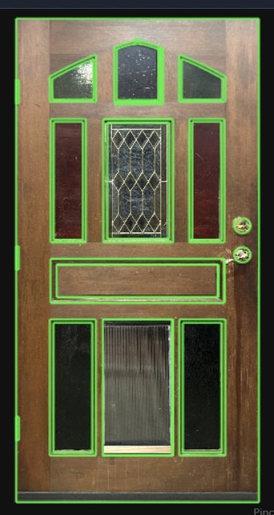 The same door with traced geometry drawn over every panel, light and edge