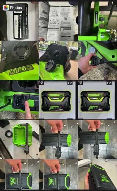 The iPhone photo picker inside LensCAD, holding the mower control housing photographed from several angles, on the reference sheet and against calipers